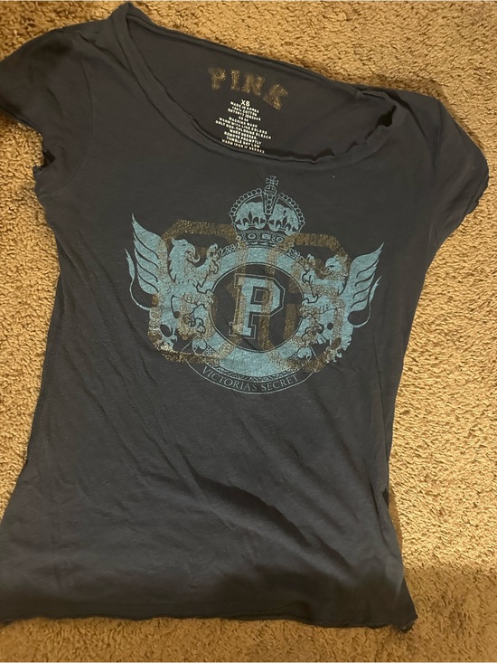 PINK Victoria's Secret Tops - Vintage Y2K PINK Victoria's Secret Navy Graphic Crest Tee with gold Accents